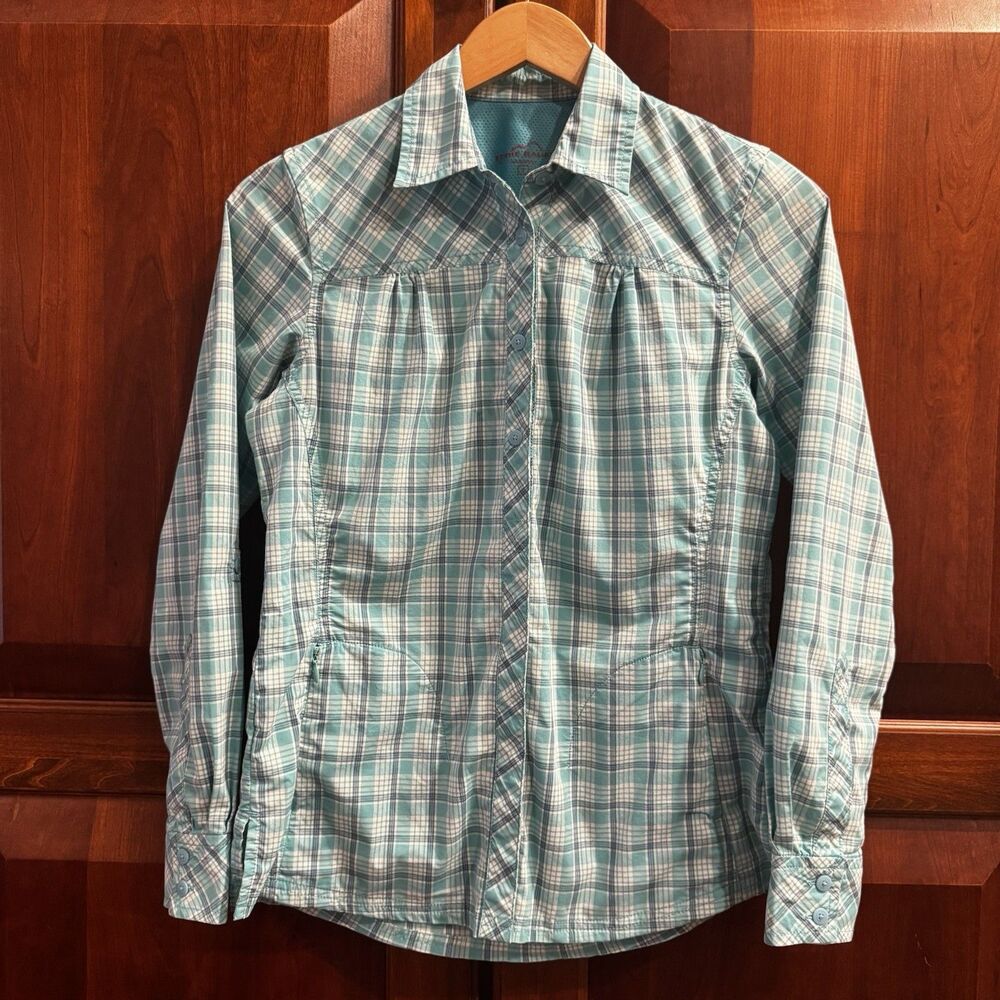 Eddie Bauer Women’s Teal Plaid Button-Up Vented Shirt w/ Roll Tab Sleeves Size S
